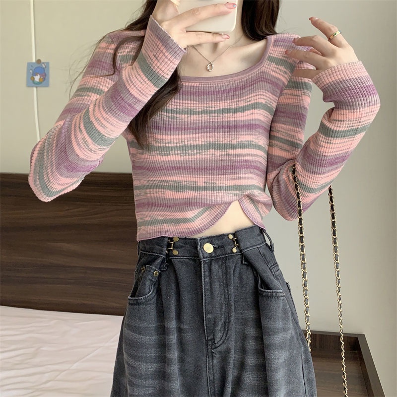 Áo Dệt Kim Tay Dài Dáng Ôm Họa Tiết Kẻ Sọc Thời Trang Hàn Quốc Cho Nữ