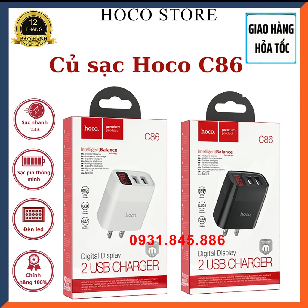 ⚡Mới⚡CỦ SẠC/CỐC SẠC NHANH iP Hoco C86/C86A có 2 cổng USB với đèn LED báo dòng áp ra 5V-2.4A - 12W CHÍNH HÃNG
