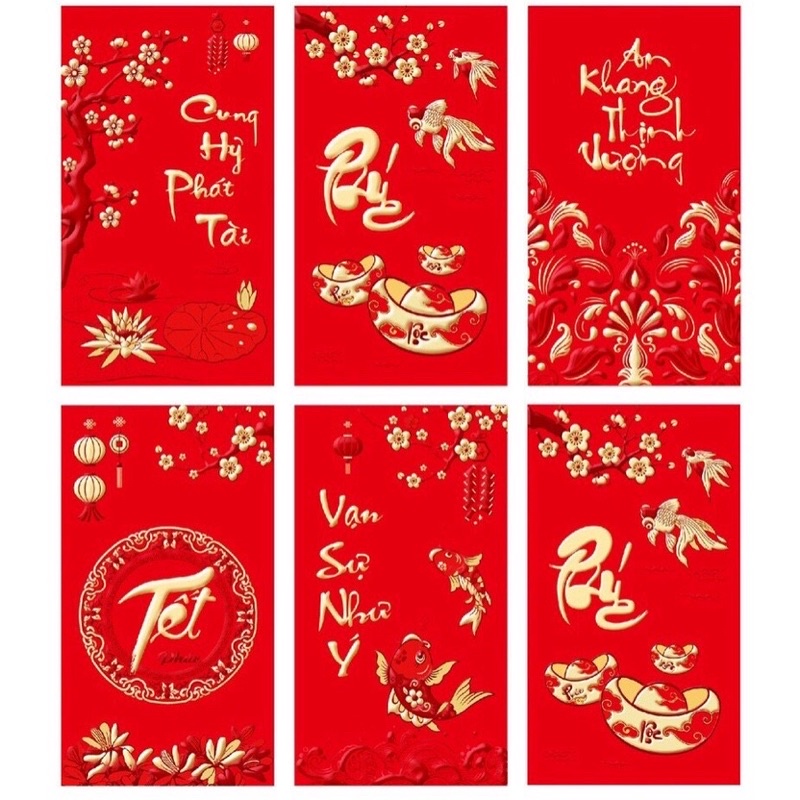 (Ảnh thật)Bao Lì xì tết Quý Mão 2023 - Set 6 Bao Lixi Tết độc Lạ màu Đỏ-Vàng in kim chữ nổi 3D truyền thống giá sỉ