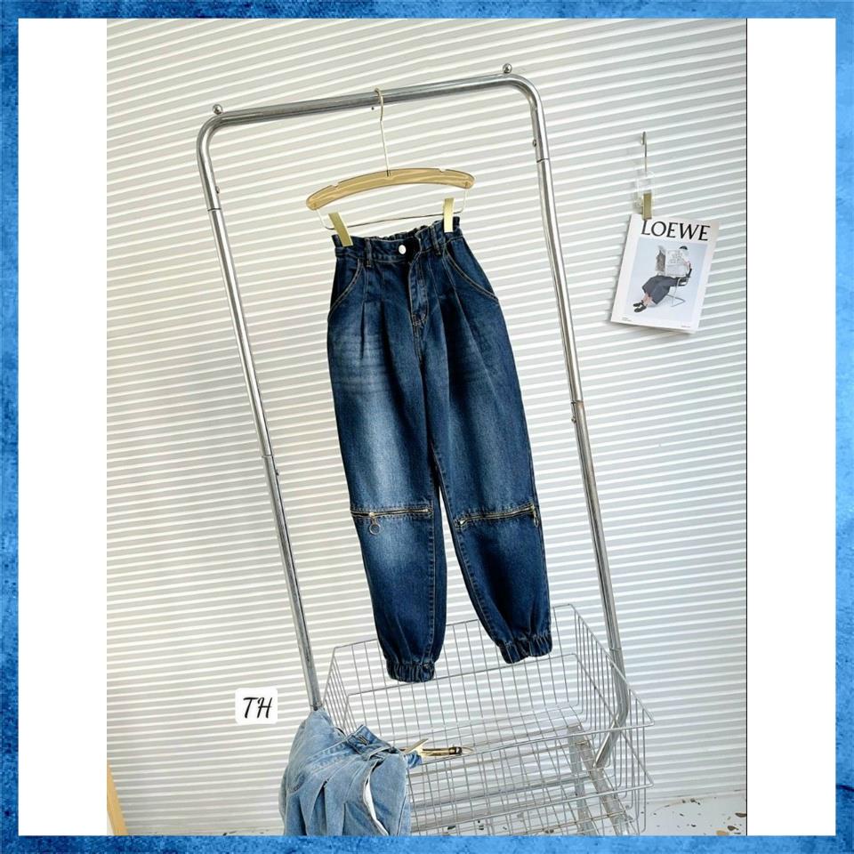 Quần jeans nữ, quần bò baggy lưng cao túi chéo mài nhẹ cạp chun sau mix khóa gối BG4036