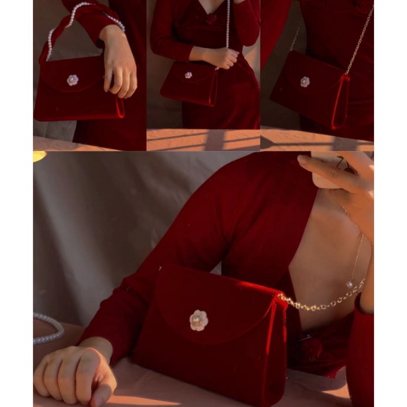 Túi đeo vai HAPPY HOMLIV phối dây ngọc trai thủ công với tay cầm màu vàng đồng cho nam và nữ