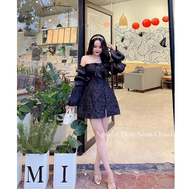 Đầm váy nữ dáng xòe trễ vai tay dài cực xinh họa tiết dây ngọc ( có mút ngực ) sang chảnh phối gấm quý phái tôn dáng