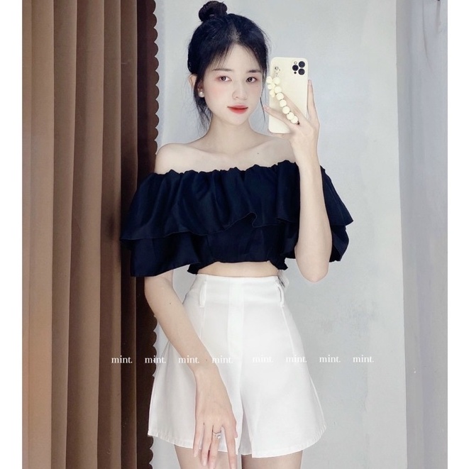 Áo trễ vai nữ tay phồng 2 lớp nhún lưng ôm dáng bánh bèo hottrend