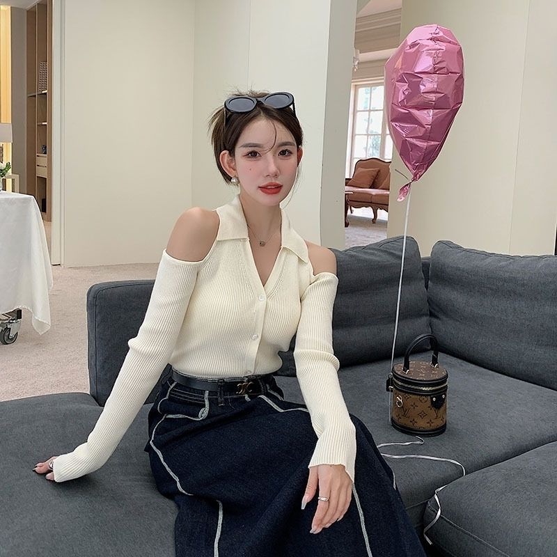 Áo ZHELIHANGFEI dệt kim tay dài hở vai gợi cảm xinh xắn