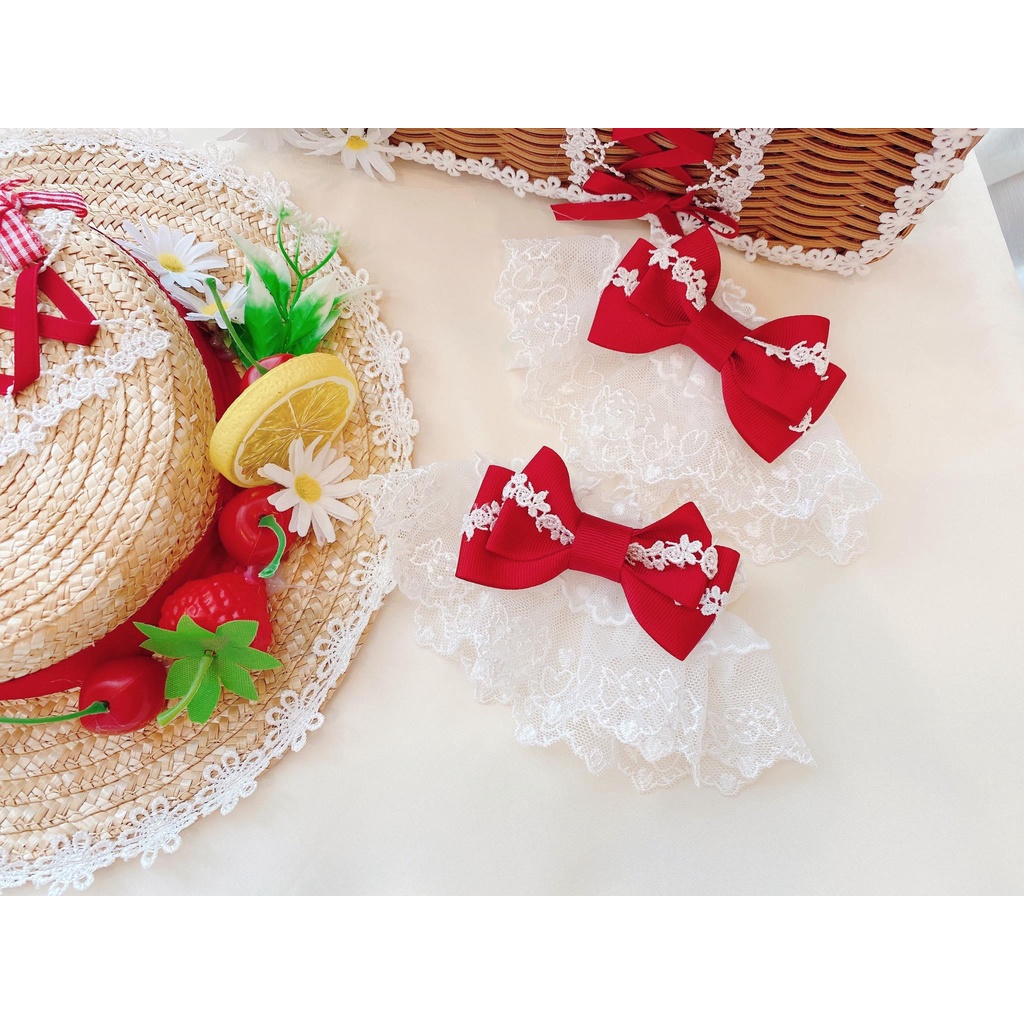 ⚡PHỤ KIỆN LOLITA ⚡ Mũ cói rộng vành và giỏ mây nhựa đính nơ/hoa/dâu tây ... phối ren phong cách Lolita nhật bản cho nữ