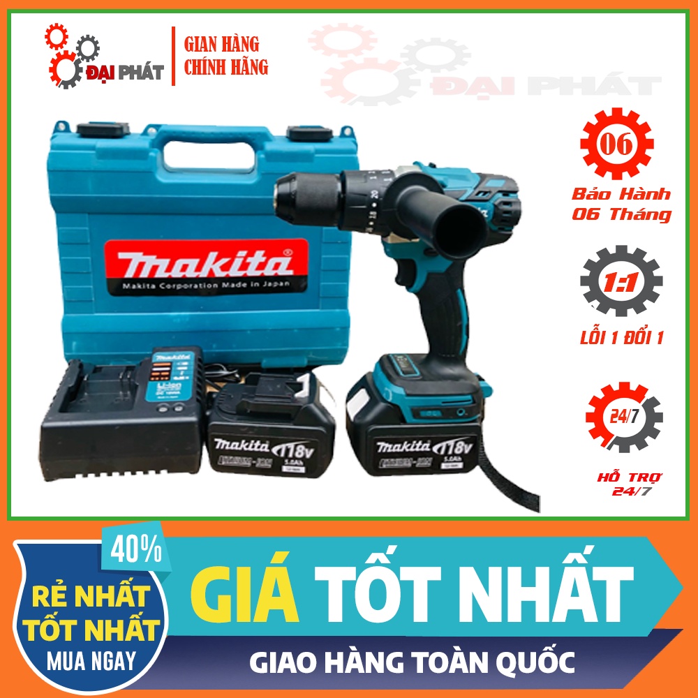 Máy Khoan Pin Makita Đầu Kẹp 13Ly Có Chế Độ Búa 3 Chức Năng, Khoan Bắn Vít Siết Ốc Pin 10cell
