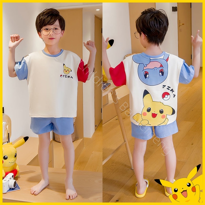 Pokemon Clothes kids Pajamas Boys' Home Clothes Set Combination Summer Short Sleeves Pikachu Two Pieces Jackie Turtle Cotton Thin Cartoon Boy
