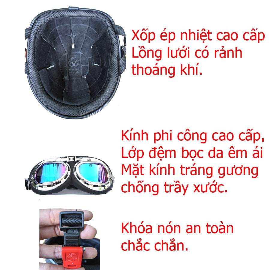 Mũ bảo hiểm nữa đầu nón bảo hiểm 1/2 NTMAX kem nhám kèm kính phi công hoặc kính uv400 + tặng kèm lưỡi trai