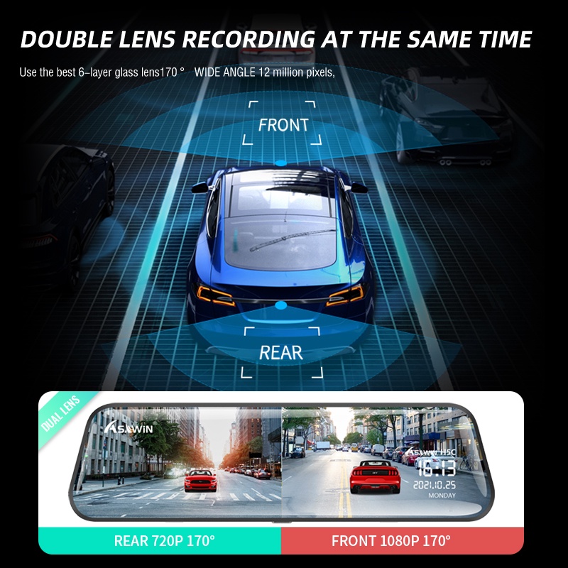 Asawin H5C 10 inch Gương chiếu hậu Camera hành trình Trước và sau Dành cho Camera DVR ô tô Ống kính kép Toàn màn hình IPS cảm ứng Chế độ đỗ xe 24 giờ | BigBuy360 - bigbuy360.vn