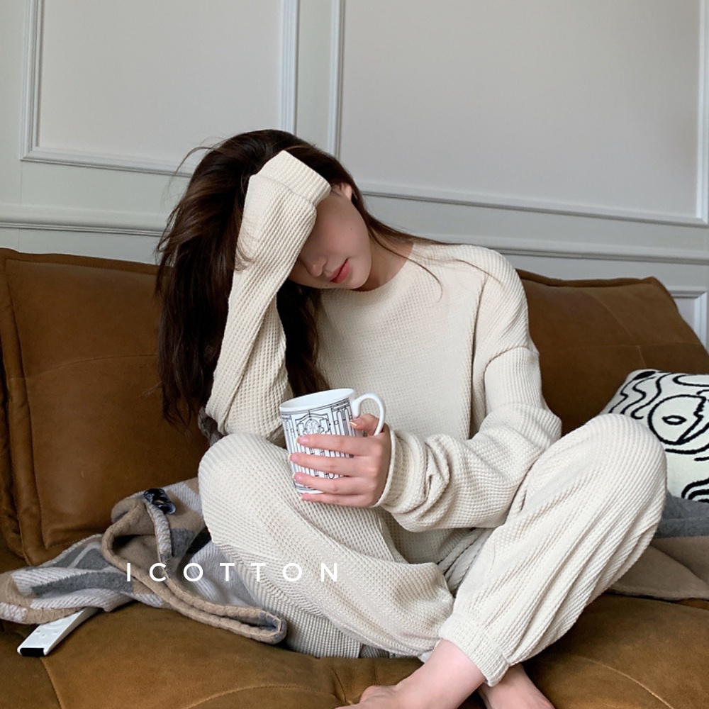 Bộ đồ thu đông nữ cao cấp Icotton bộ nỉ tổ ong mặc nhà dày dặn mềm mại form rộng rãi thoải mái