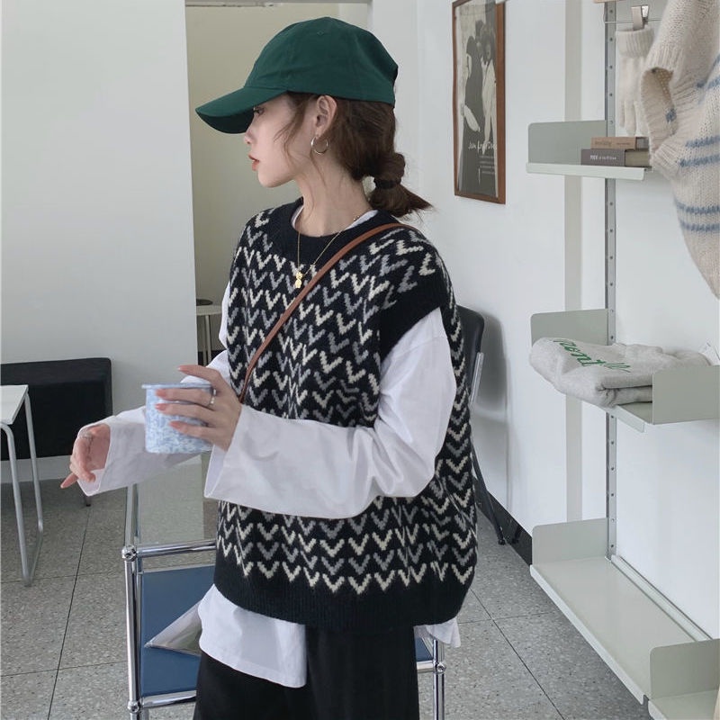Áo Dệt Kim Sát Nách Dáng Rộng Cổ Chữ V Màu Sắc Trẻ Trung Phong Cách Hàn Quốc