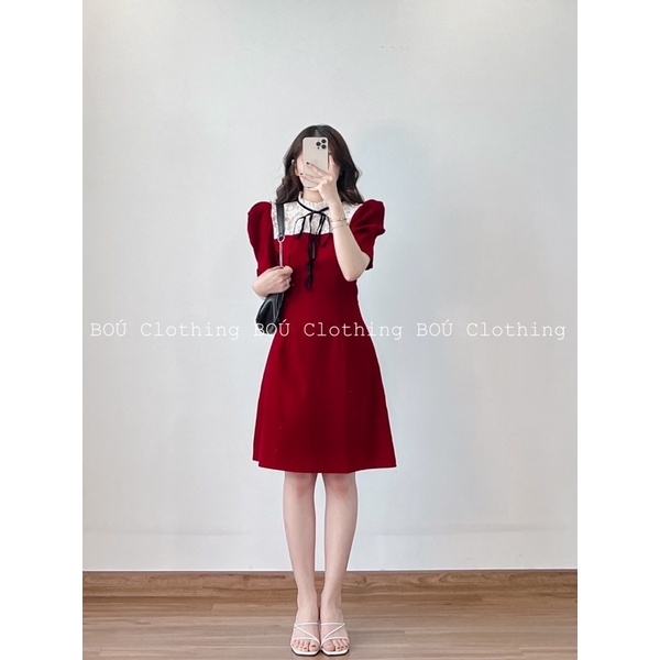 Đầm nhung đỏ cổ phối ren sang trọng, trẻ trung dành cho nữ