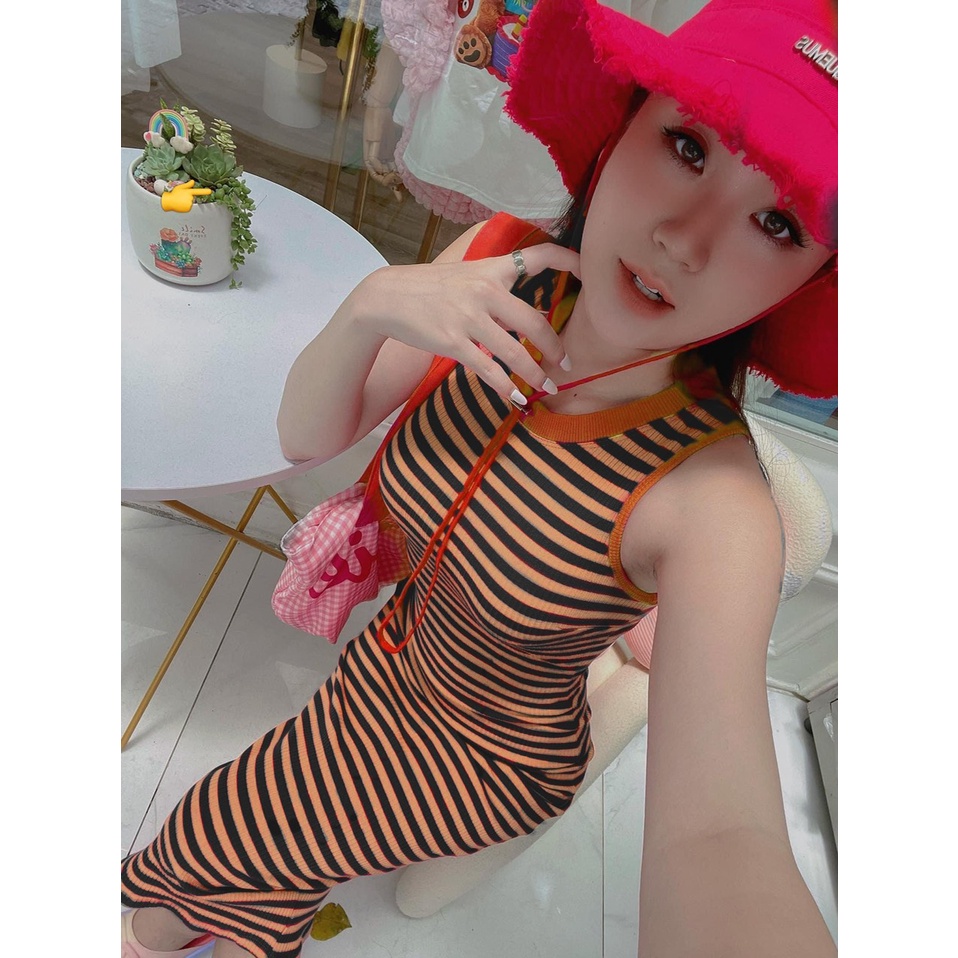 Đầm body nữ phối màu sọc ngang kiểu ba lỗ sát nách chất thun gân nổi dáng dài midi xinh xắn