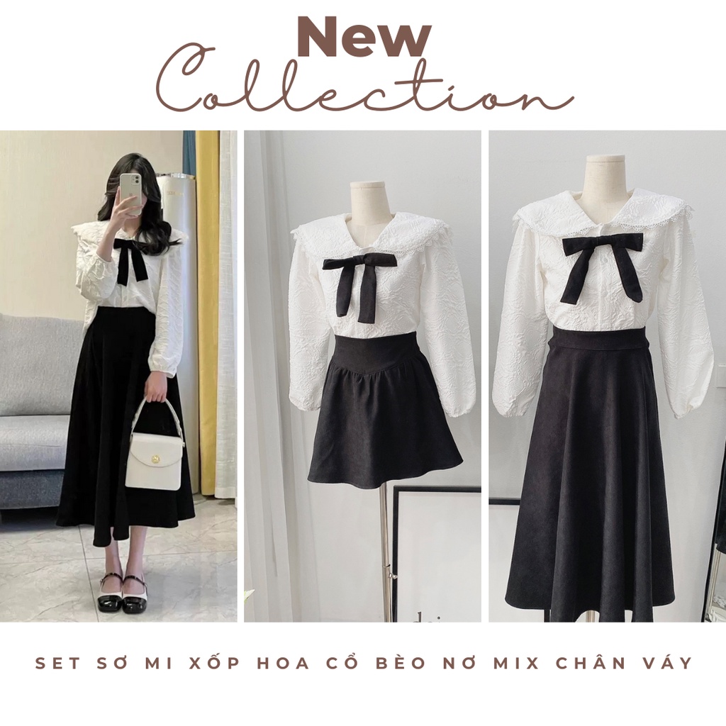 SET SƠ MI XỐP HOA CỔ BÈO NƠ MIX CHÂN VÁY