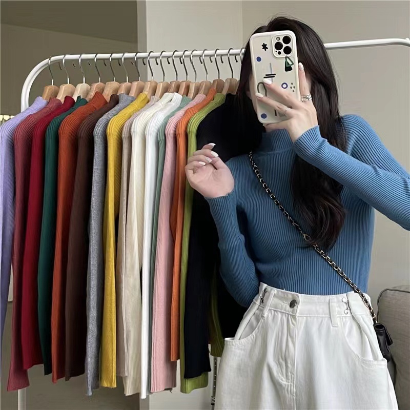 Áo Len Sweater Tay Dài Cổ Cao Màu Trơn Đơn Giản Dễ Phối Đồ Cho Nữ（Người bán địa phương, vận chuyển nhanh）