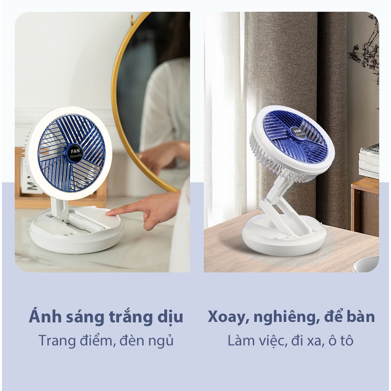 Quạt mini gấp gọn JIASHI quạt tích điện để bàn tích hợp đèn ngủ 4 tốc độ gió dung lượng pin lớn 2400mAh QMN05