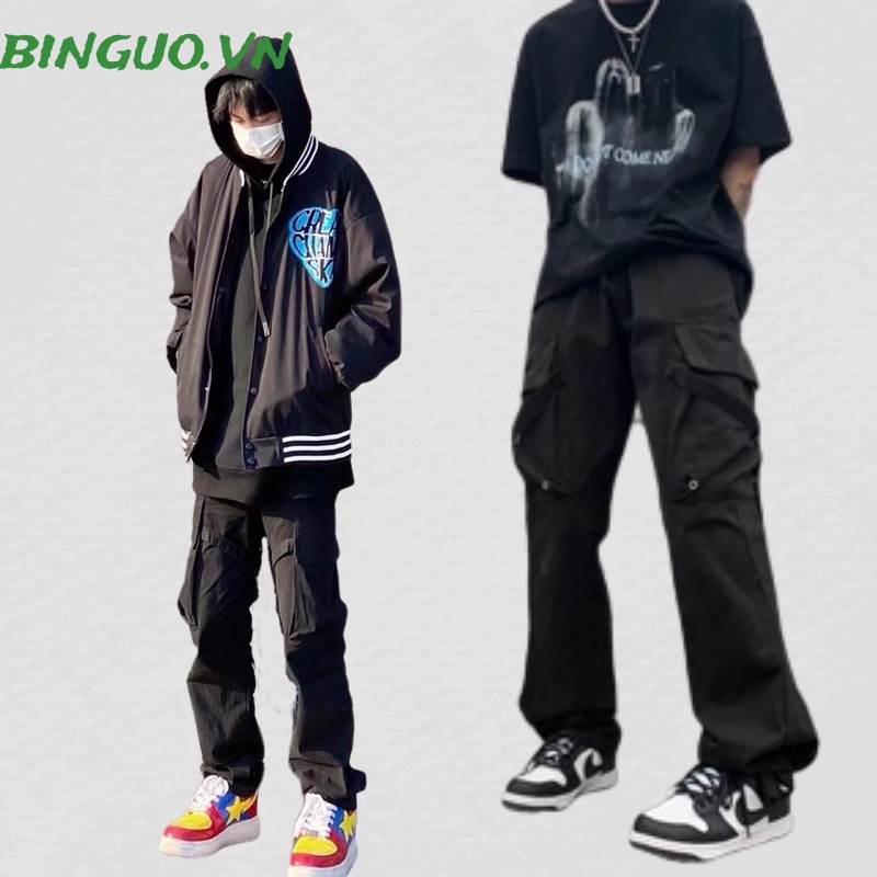 【M-3XL】Quần dài màu đen phong cách hip hop hàn quốc cá tính cho nam đứng nhiều túi đường phố quần ống rộng phối dây rút âu mỹ thời trang và nữ