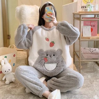 [Yuanz] 2024 Bộ Đồ Ngủ Mùa Đông Lông Cừu San Hô Nữ Thu Đông Phong Cách Mới Mùa Đông Dễ Thương Dày Flannel Phù Hợp Với Loungewear Mùa Đông Loungewear Nữ