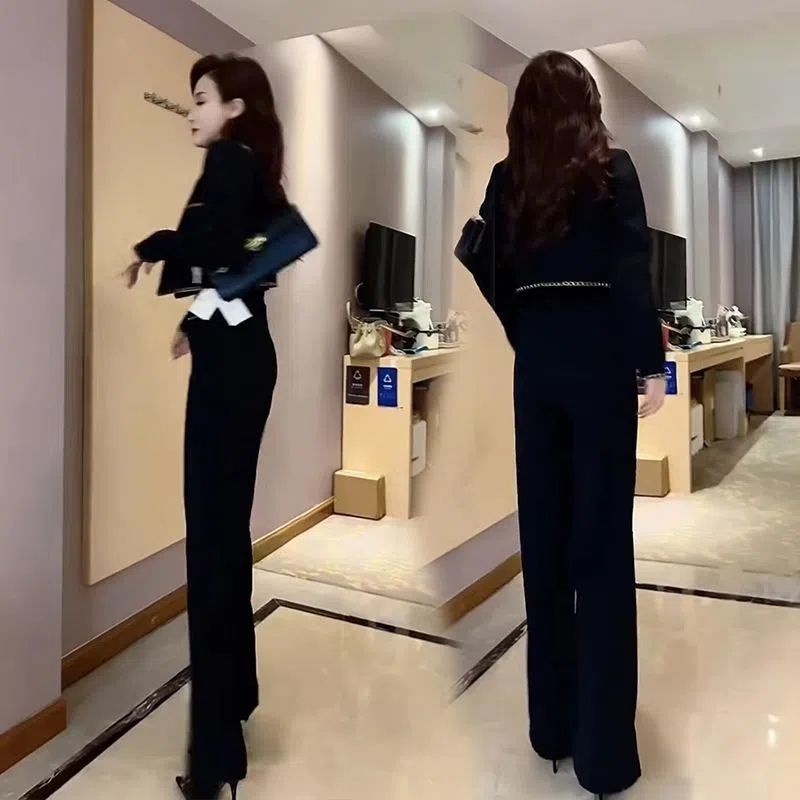 Influencer Set Áo Khoác Ngắn Phối Quần Dài Ống Rộng Thời Trang Mùa Thu Phong Cách Xiaoxiang Cao Cấp