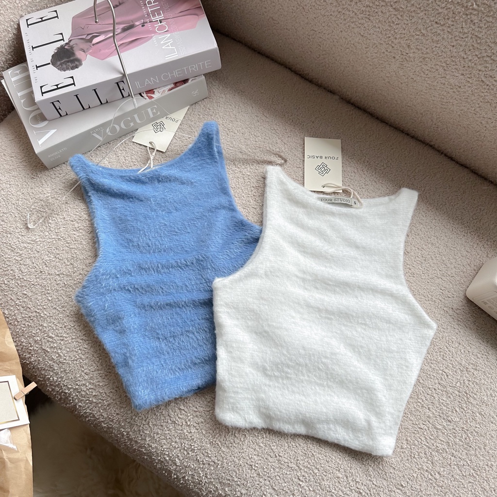 Áo lông ba lỗ croptop Four Studio màu xanh trắng mịn dày dặn A41