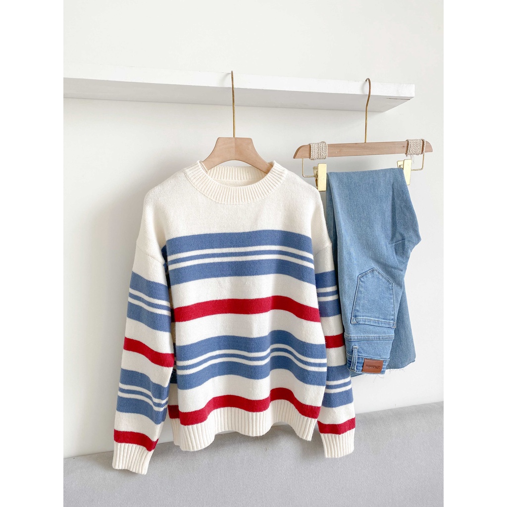 Áo len cổ tròn tay dài phối sọc đỏ xanh nền trắng LENCLOTHING 896600