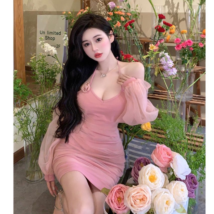 Váy Ngắn Xếp Ly Ôm Eo Tay Phồng Phối Lưới Hoa Trà Màu Trơn Phong Cách Mới Mùa Hè220526