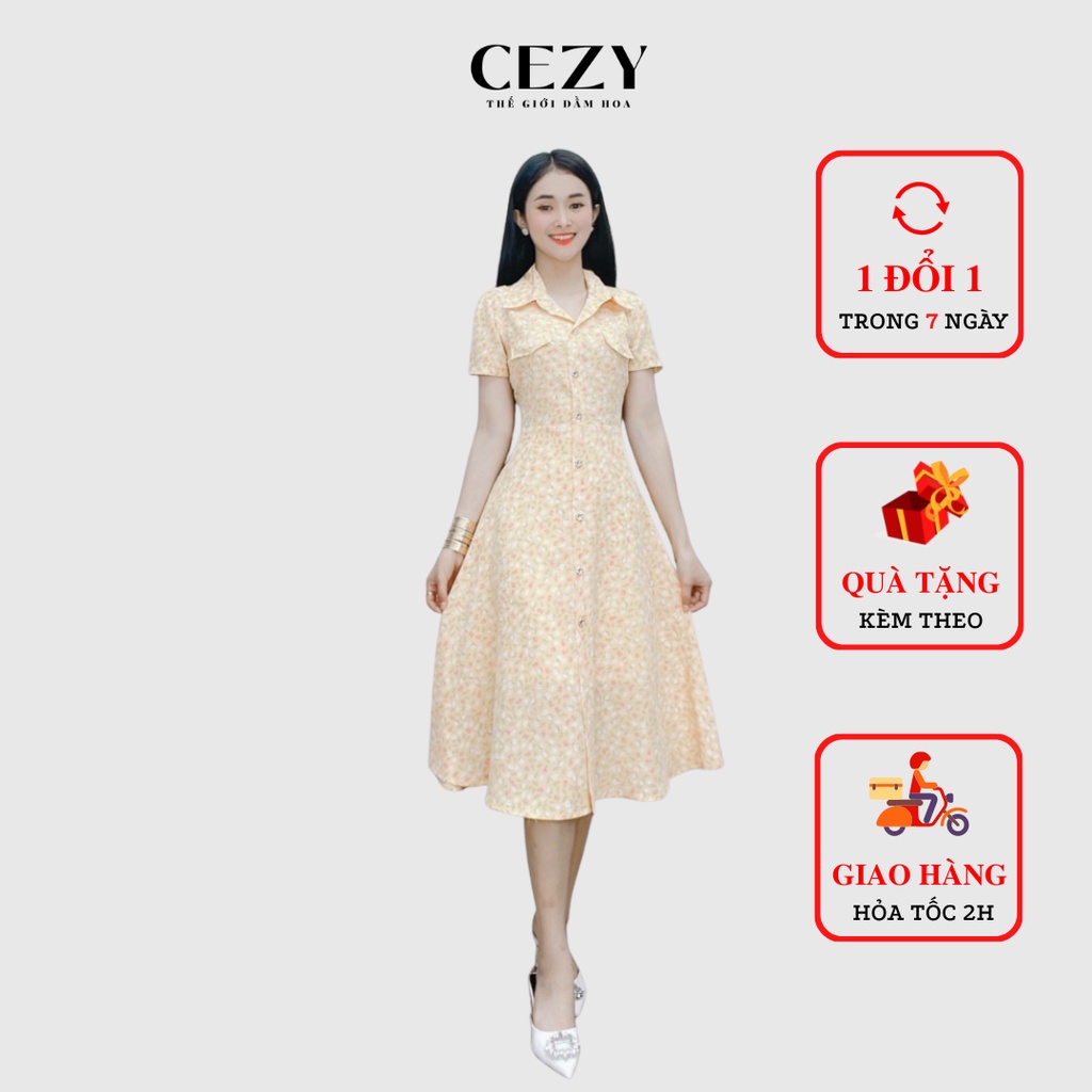 Đầm hoa nhí cổ sơ mi dáng xòe phối nút kiểu có size bigsize CEZY D103