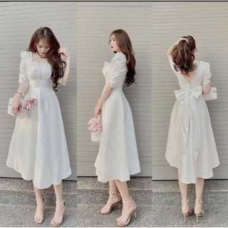 Đầm tiểu thư tay phồng phối nơ sau