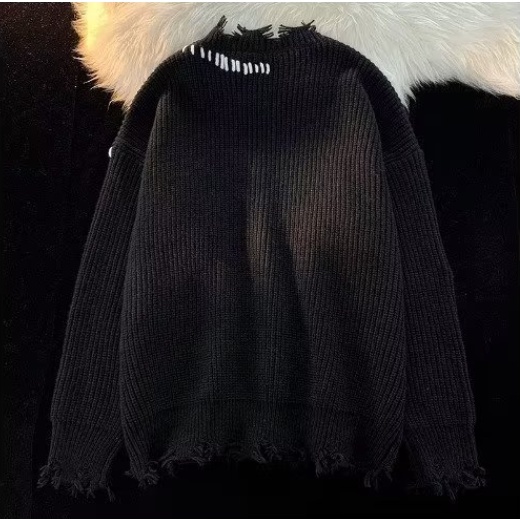 Áo Sweater Cổ Tròn Thiết Kế Xẻ Rách Thời Trang Thu Đông Cho Nam Và Nữ thắt lưng nữ áo len rách dây thừng Áo dệt kim dây thắt lưng