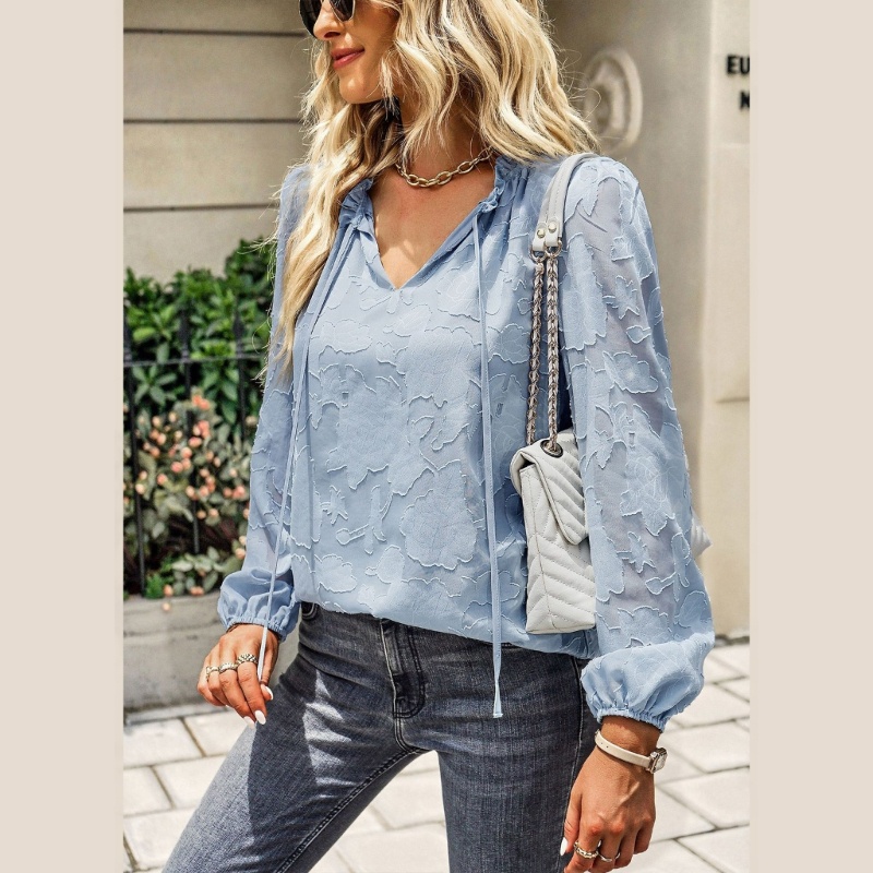 Áo Voan Hoa Tay Phồng Dài Cổ Chữ V Phối Bèo Xuyên Thấu Phối Dây Rút Cá Tính Cho Nữ