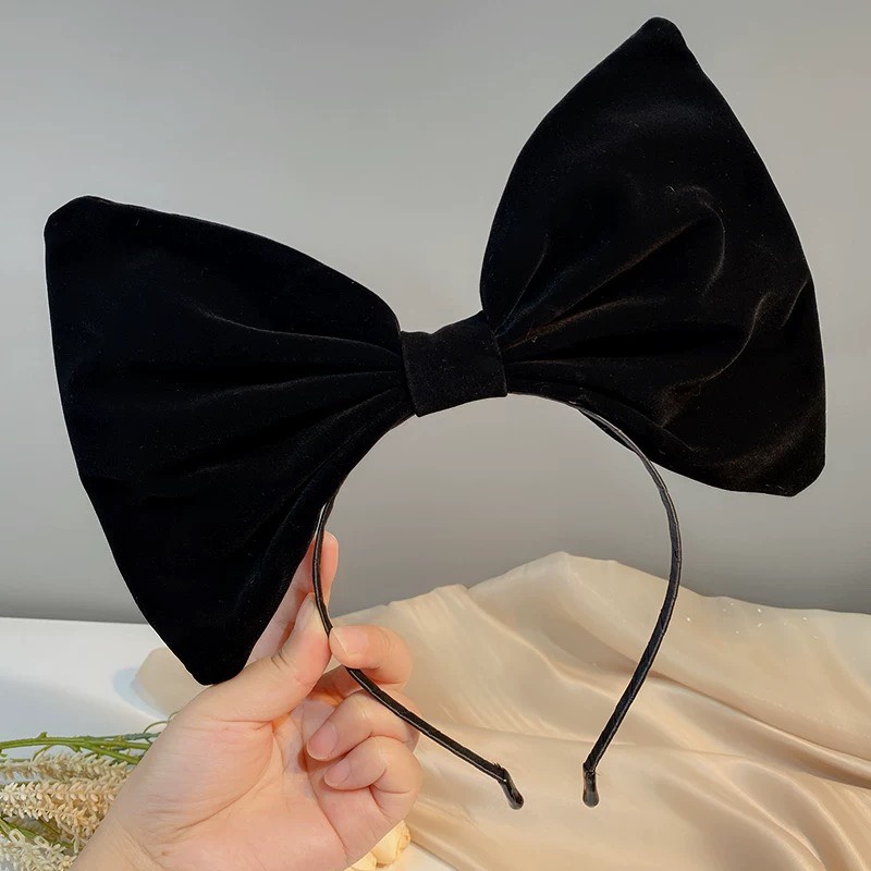 Bờm tóc nơ nhung, băng đô cho bé gái phom nơ siêu to màu đen và đỏ - L002