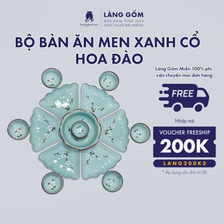 Bộ bát đĩa hoa mặt trời men xanh cổ hoa đào, gốm sứ Bát Tràng cao cấp - LÀNG GỐM