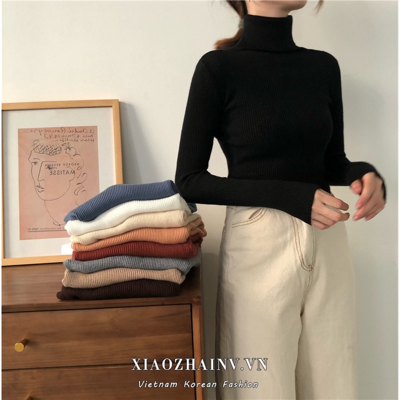 Áo sweater dệt kim XIAOZHAINV cổ lọ tay dài dáng ôm phong cách Hàn Quốc có 6 màu lựa chọn