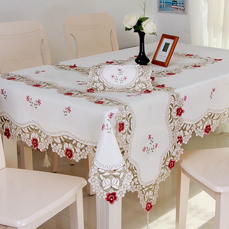 Khăn Trải Bàn Ăn Hình Vuông Thêu Ren Hoa Hồng Đỏ Phong Cách Cổ Điển Trang Trí Bàn Ăn