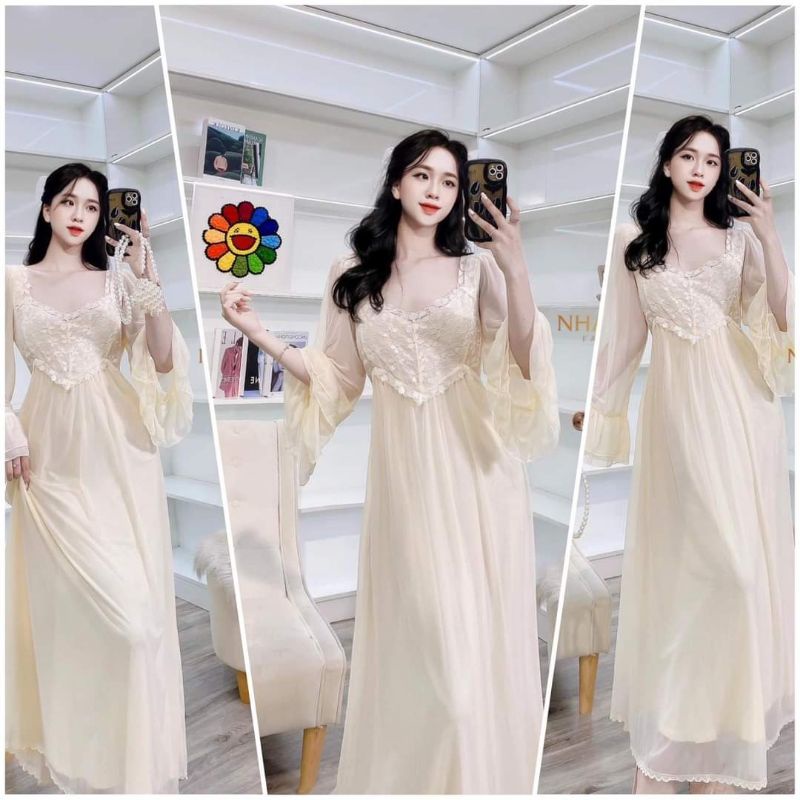 Váy ngủ lụa voan phối ren tay dài tiểu thư nhiều hoạ tiết hàng cao cấp size M
