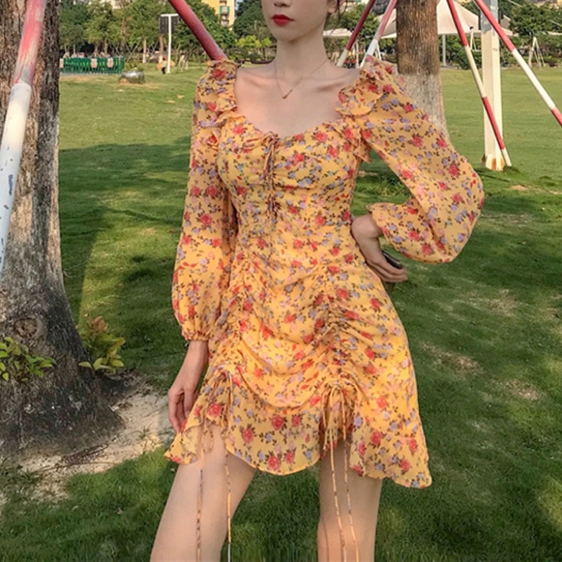 🖤ĐẦM ôm body đuôi cá tiểu thư hoa nhí cổ v xẻ sâu sang chảnh quyến rũ|Đầm ulzzang suông rúm eo kèm tag dạo phố