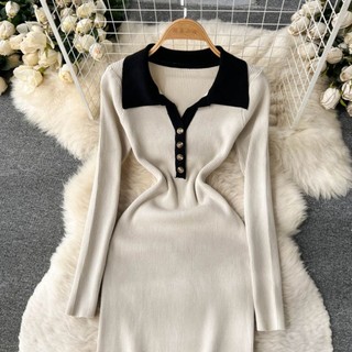 đầm len body cổ đức phối màu