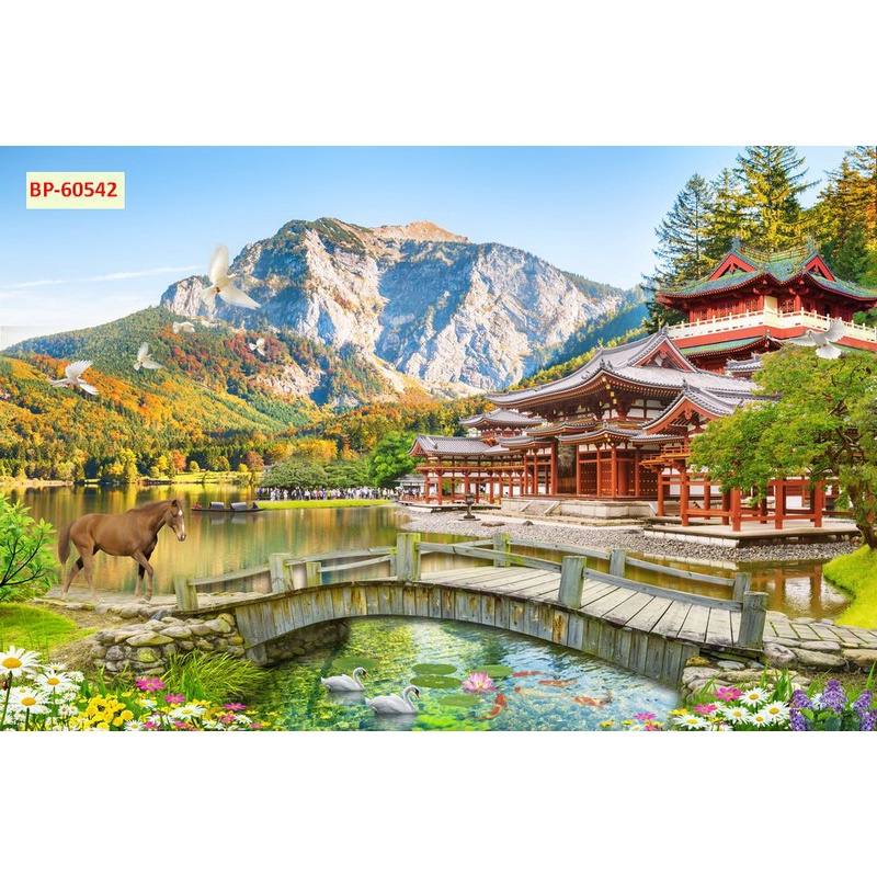 Tranh dán tường 3D Sơn Thủy, Hữu Tình, Núi Non Hùng Vĩ