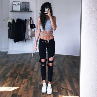 Quần jean nữ, quần jeans lưng cao rách gối to dáng ôm co dãn màu đen ( rách bụi to)