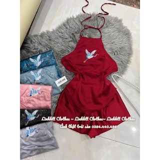 Set ngủ lụa yếm thêu hạc sexy bộ 2 dây lụa satin freesize