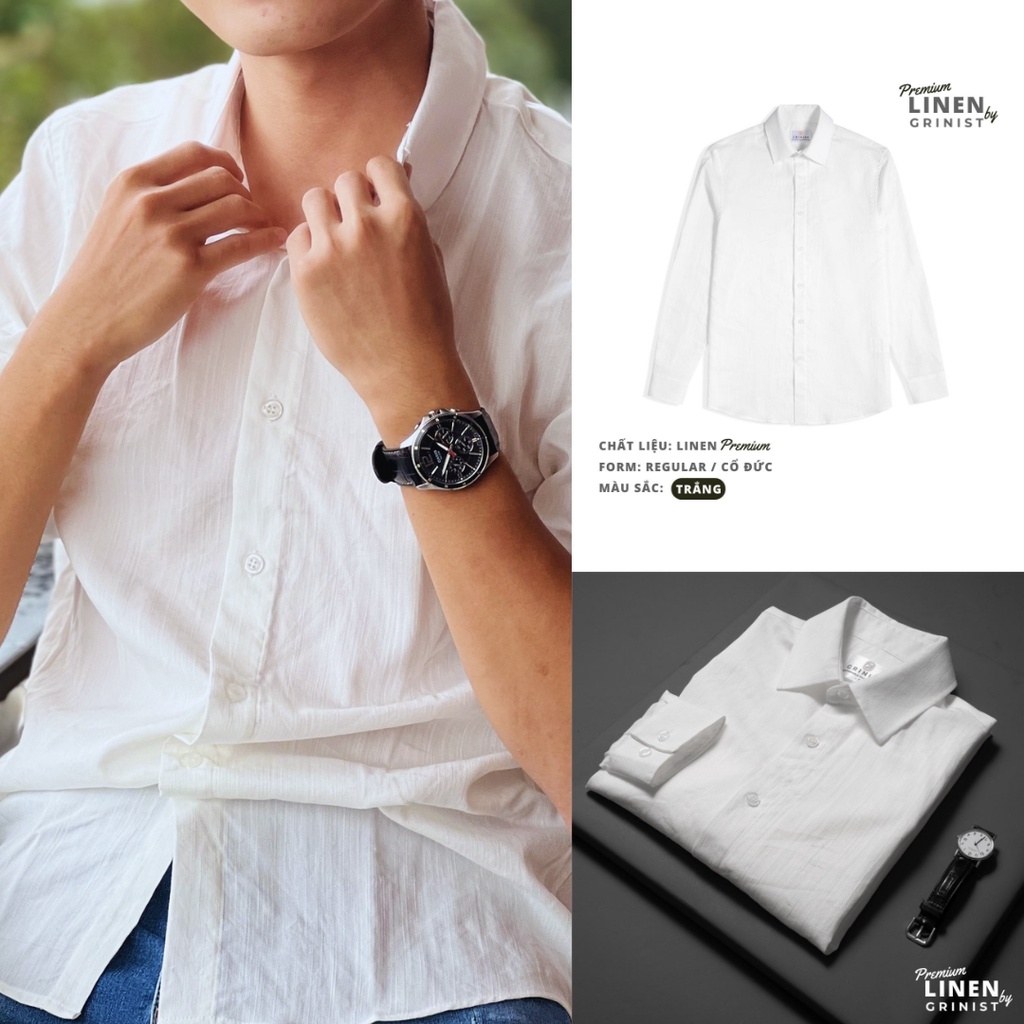 ÁO SƠ MI NAM - GRINIST - Màu Trắng Cổ Đức Premium Linen