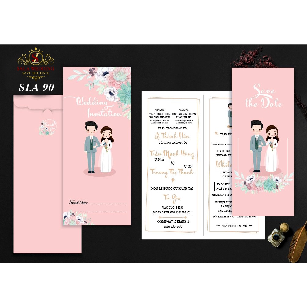 Thiệp cưới chibi hồng A90 (Nhận in từ 100 thiệp)