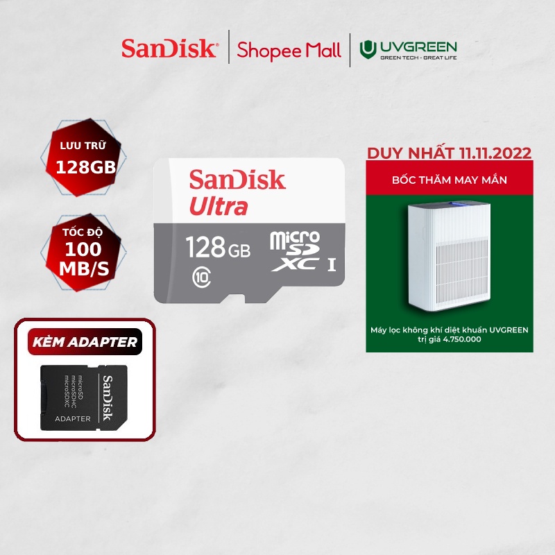 Thẻ nhớ micro SDXC Sandisk 128GB upto 100MB/s 533X Ultra UHS-I + Adapter