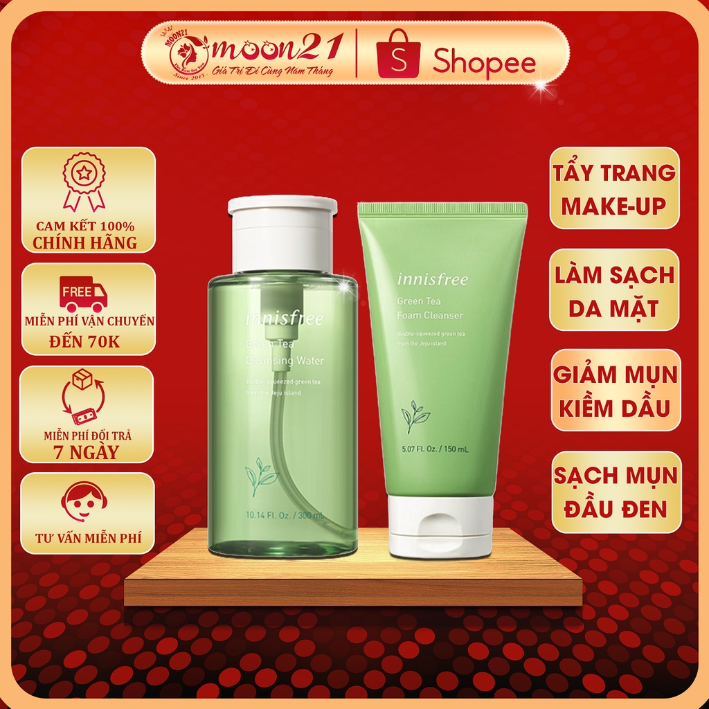 Combo dưỡng da sữa rửa mặt và nước tẩy trang trà xanh Innisfree Auth Hàn Quốc