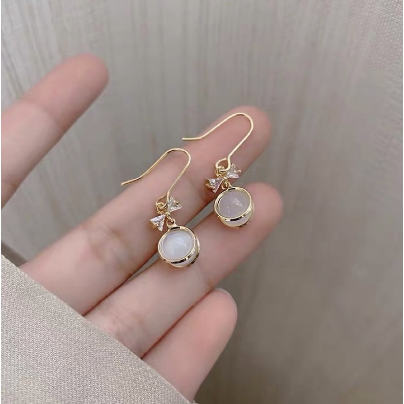 (Chuôi Bạc 925) E244 Khuyên tai bông tai nữ nơ thả đá mắt mèo dự tiệc đẹp Ring House