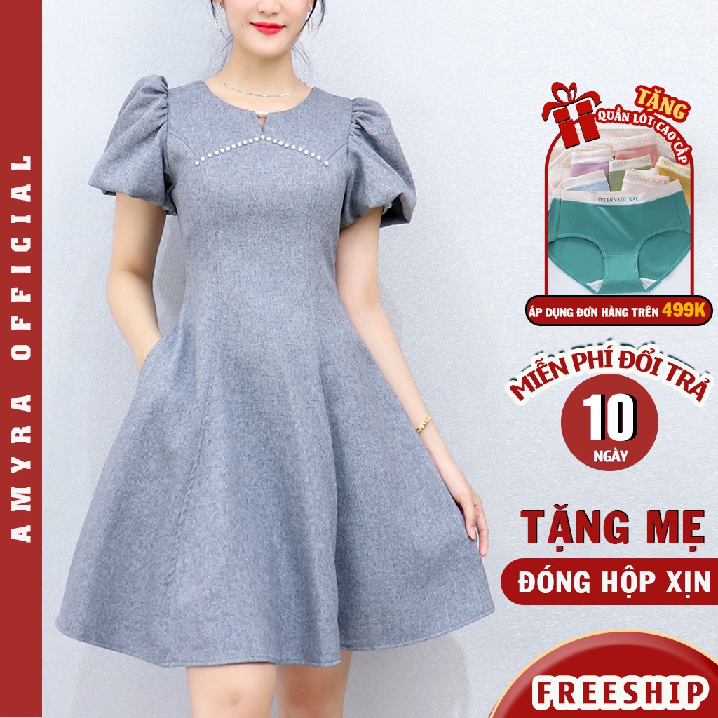 Váy trung niên cho mẹ tay bo phồng dự tiệc cao cấp AMYRA thiết kế form dáng xòe che khuyết điểm vòng eo đính ngọc DA181
