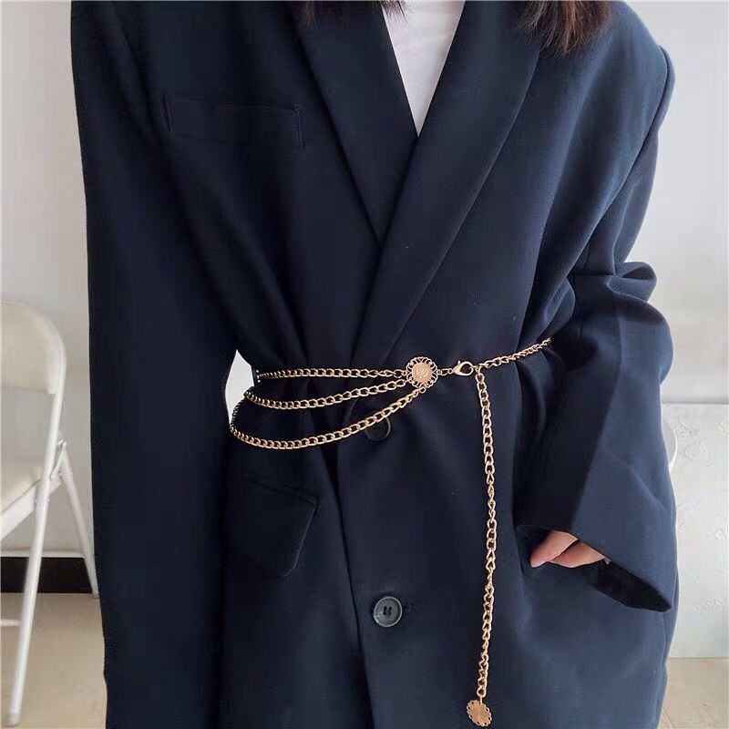 Thắt lưng thời trang kim loại phối váy, thắt lưng xích đồng xu, dây nịt kim loại vintage, retro