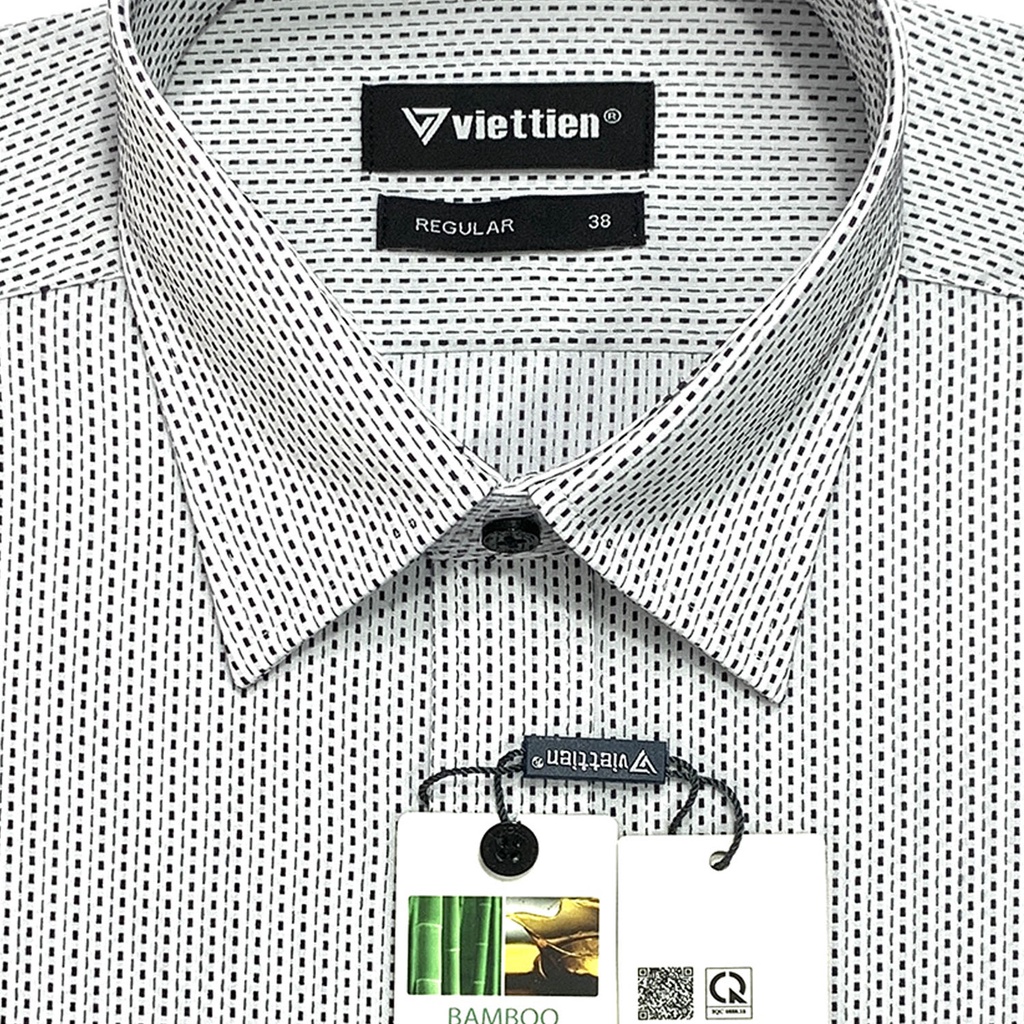 Viettien - Áo sơ mi nam dài tay họa tiết chấm 1R0066 regular dáng rộng chất liệu sợi tre gỗ sồi