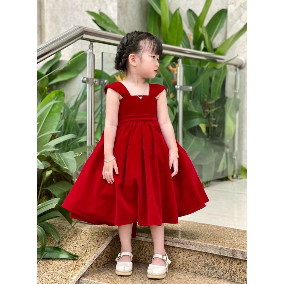 Váy đầm nhung đỏ 2 dây bản to cho bé gái 10-25kg