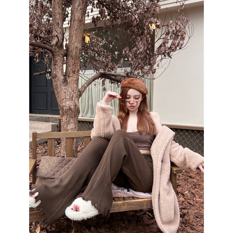 Quần Dệt Kim Nữ Ống Loe Lưng Cao Có Dây Rút Thời Trang Thu Đông Mới